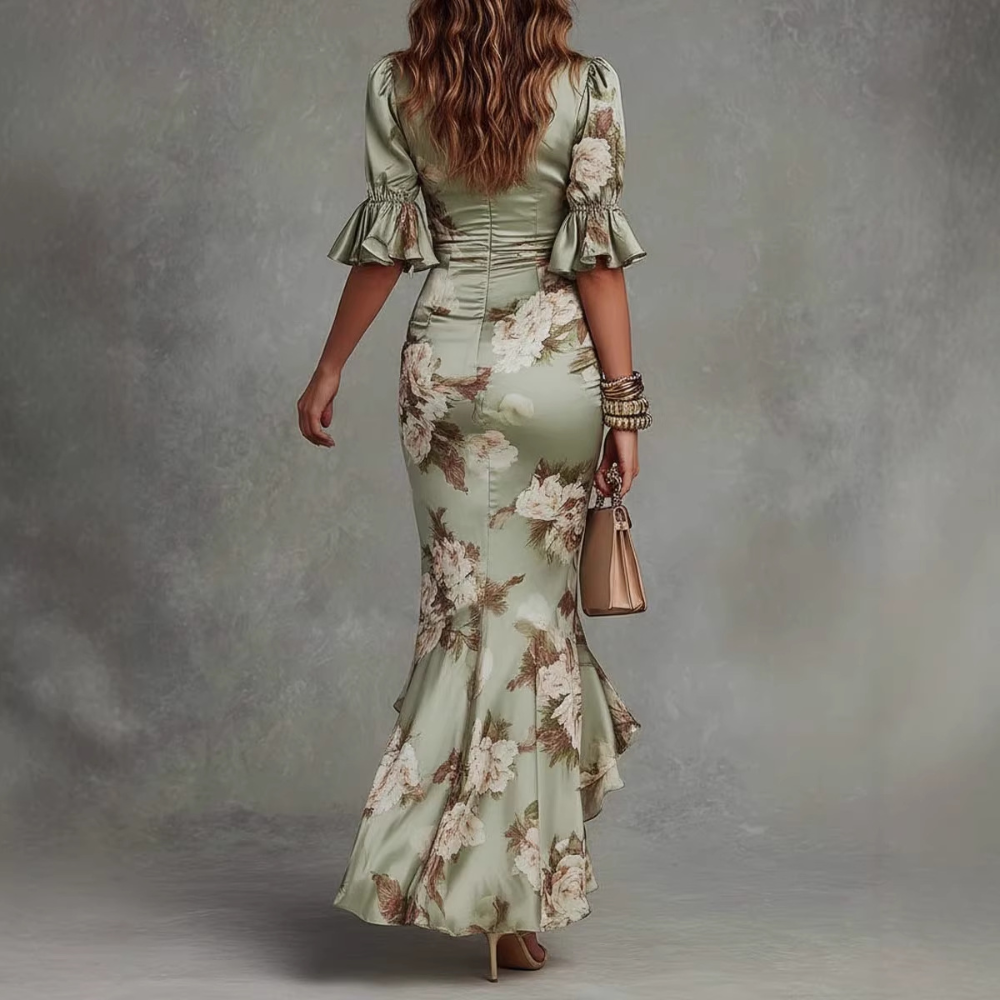 CALMAIRE | Robe Longue en Satin Fleuri Anastasia