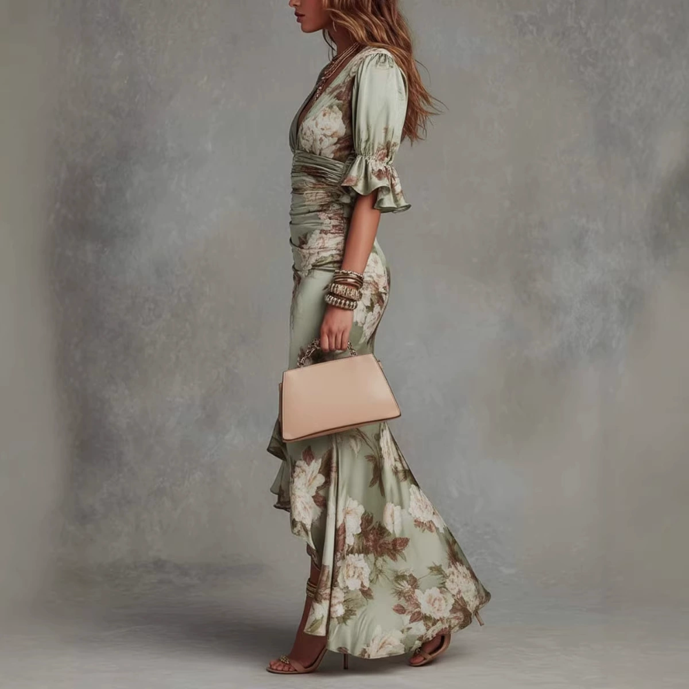 CALMAIRE | Robe Longue en Satin Fleuri Anastasia